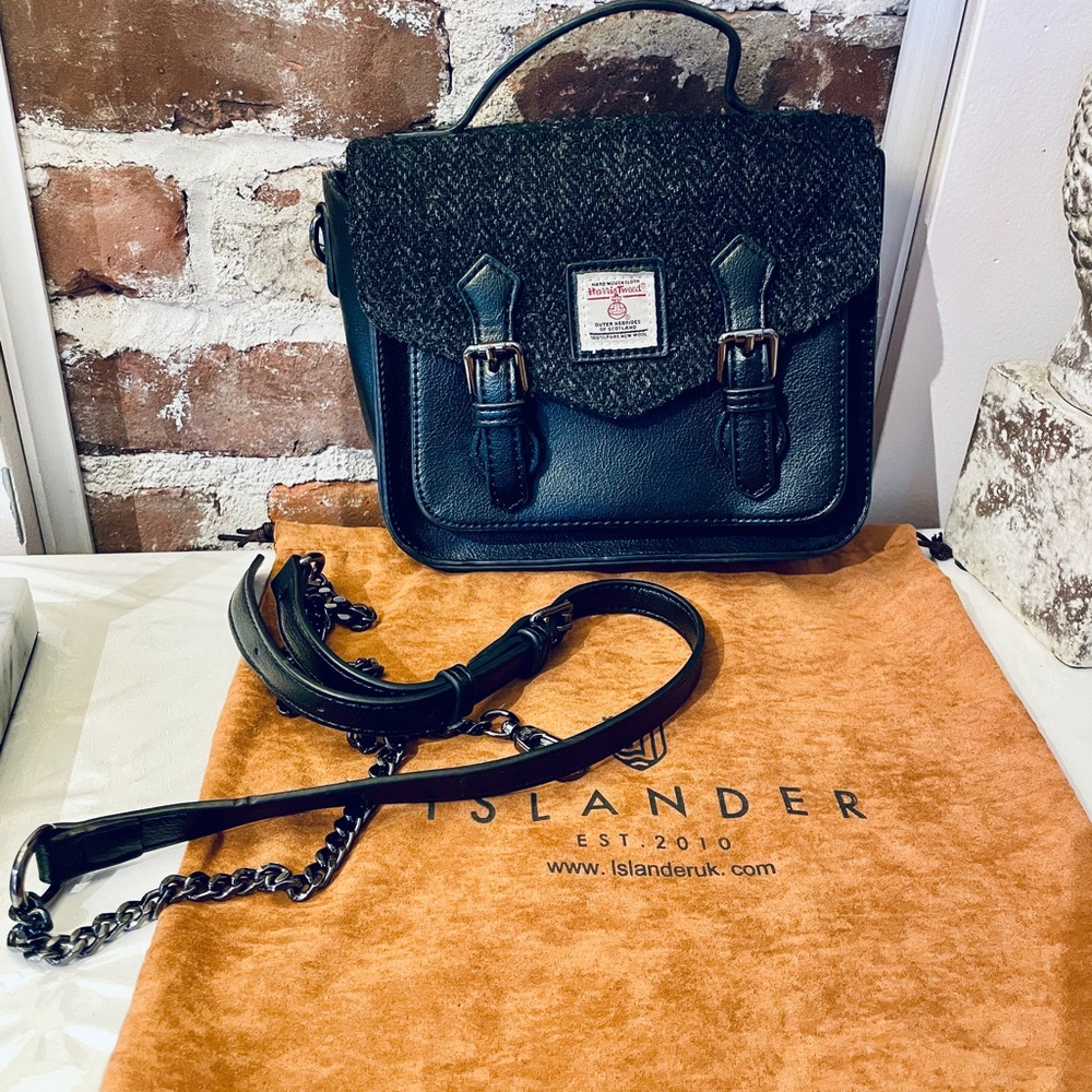 Islander x Harris Tweed mini satchel black  PU Leather 100% pure wool
